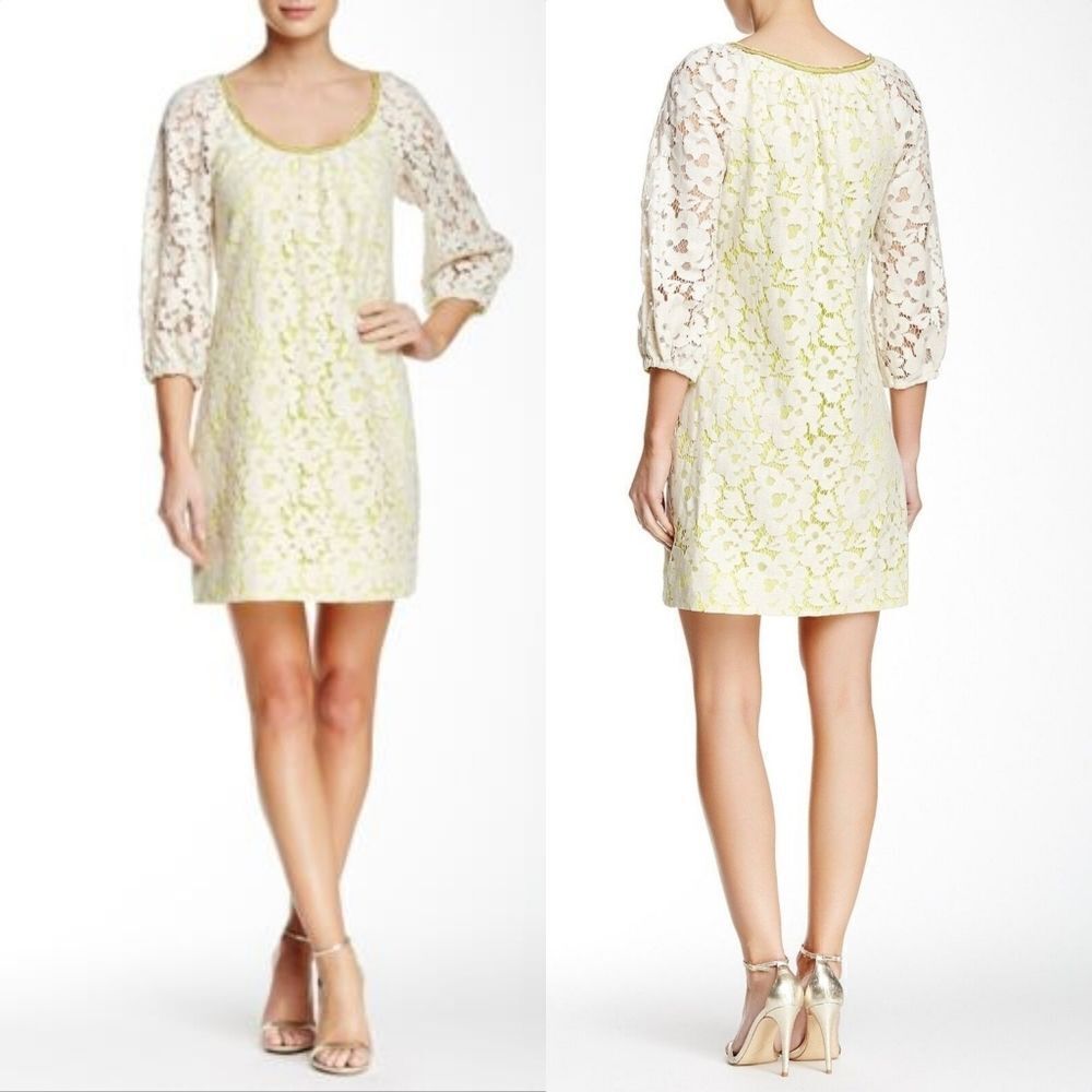 Trina Turk Wakeboard Neon Natural Lace Layover Balloon Sleeve Shift Dress